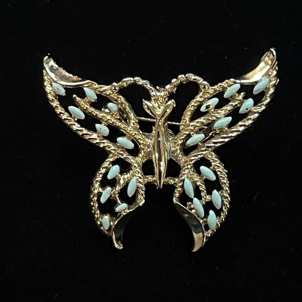 Gerry's Gold Butterfly Brooch Open Filigree Enameled Light Blue